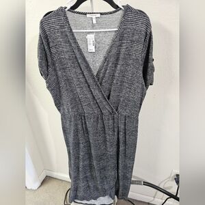 Faux wrap, vneck, mid-calf dress